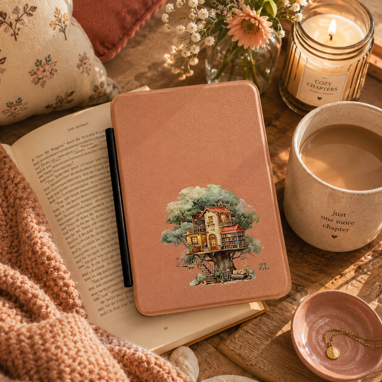 Personalized treehouse library Kindle case styled in a lifestyle reading setting
