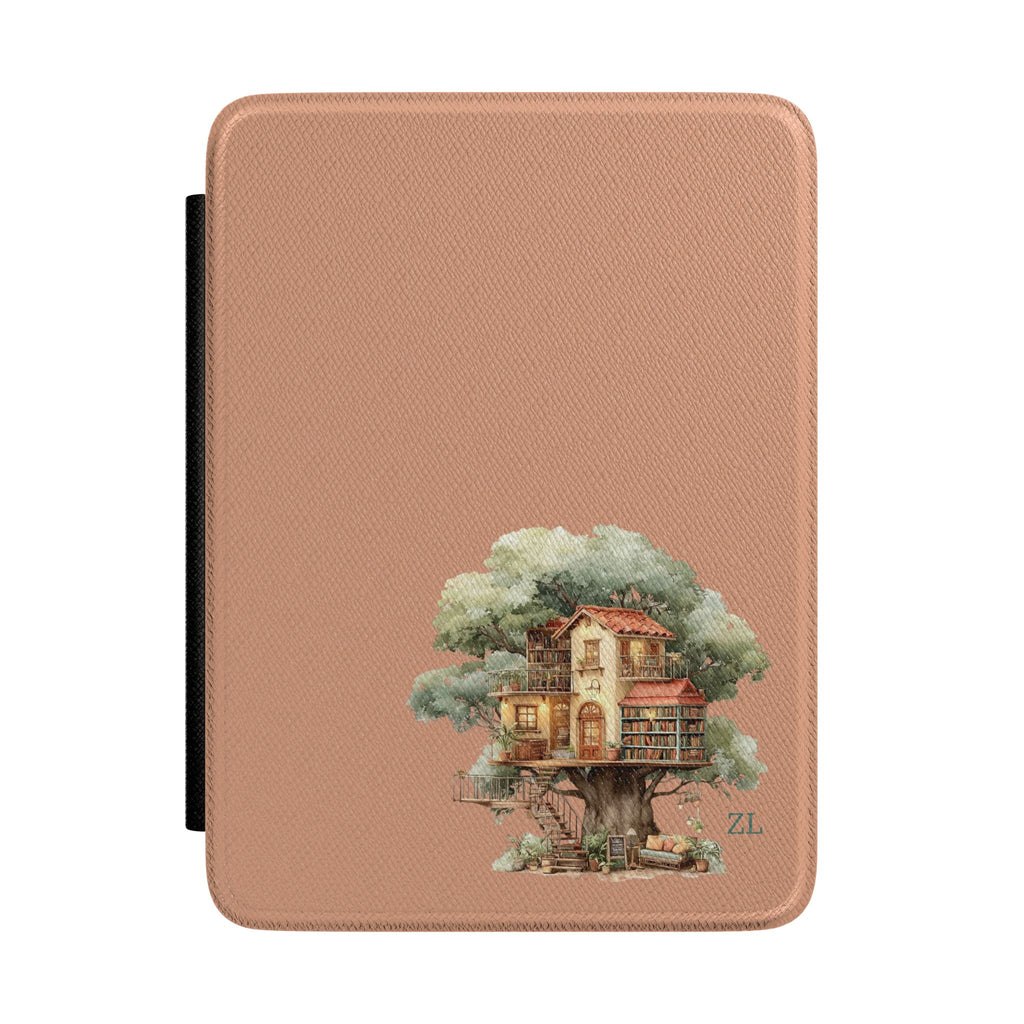 Personalized treehouse library Kindle case on terracotta, custom initials