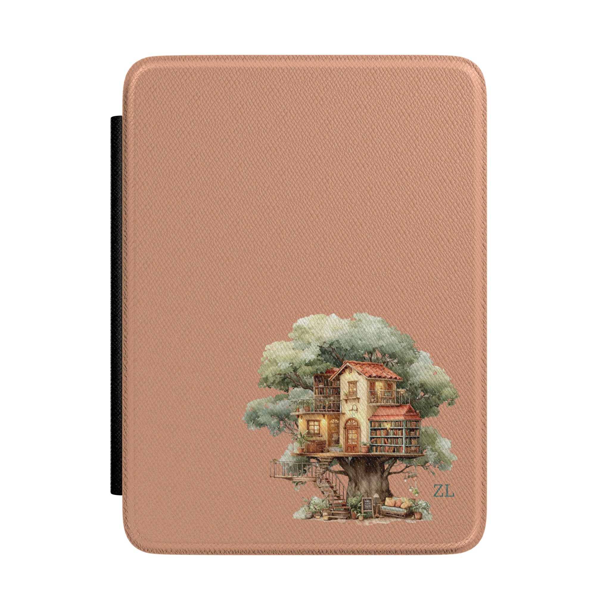 Personalized treehouse library Kindle case on terracotta, custom initials