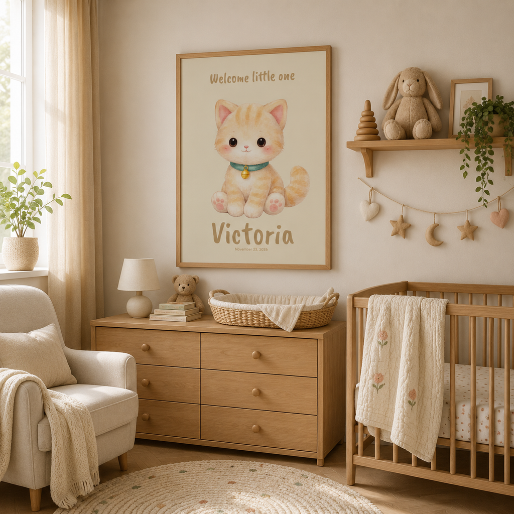 Close-up of kitten bell collar poster showing personalized name and birth date
