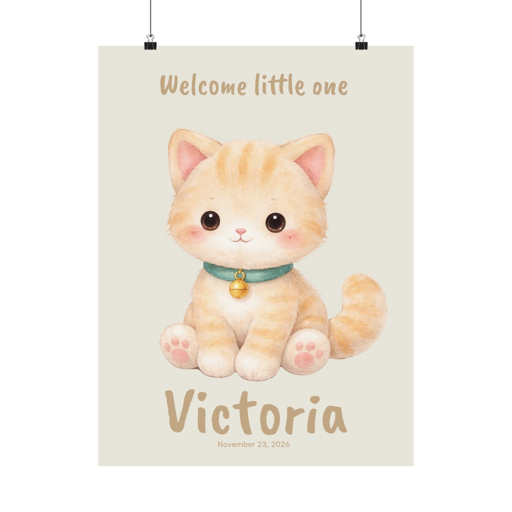 Personalized orange tabby kitten with bell collar nursery poster, custom baby name and birth date