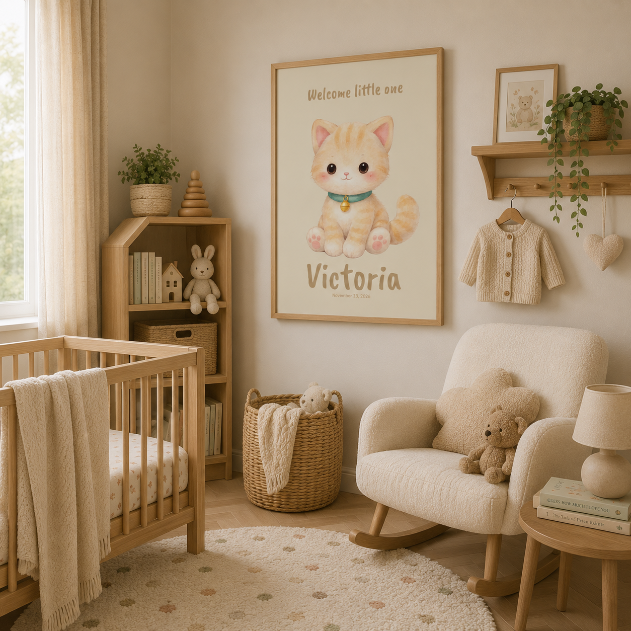 Orange kitten with teal collar baby name poster displayed in nursery room
