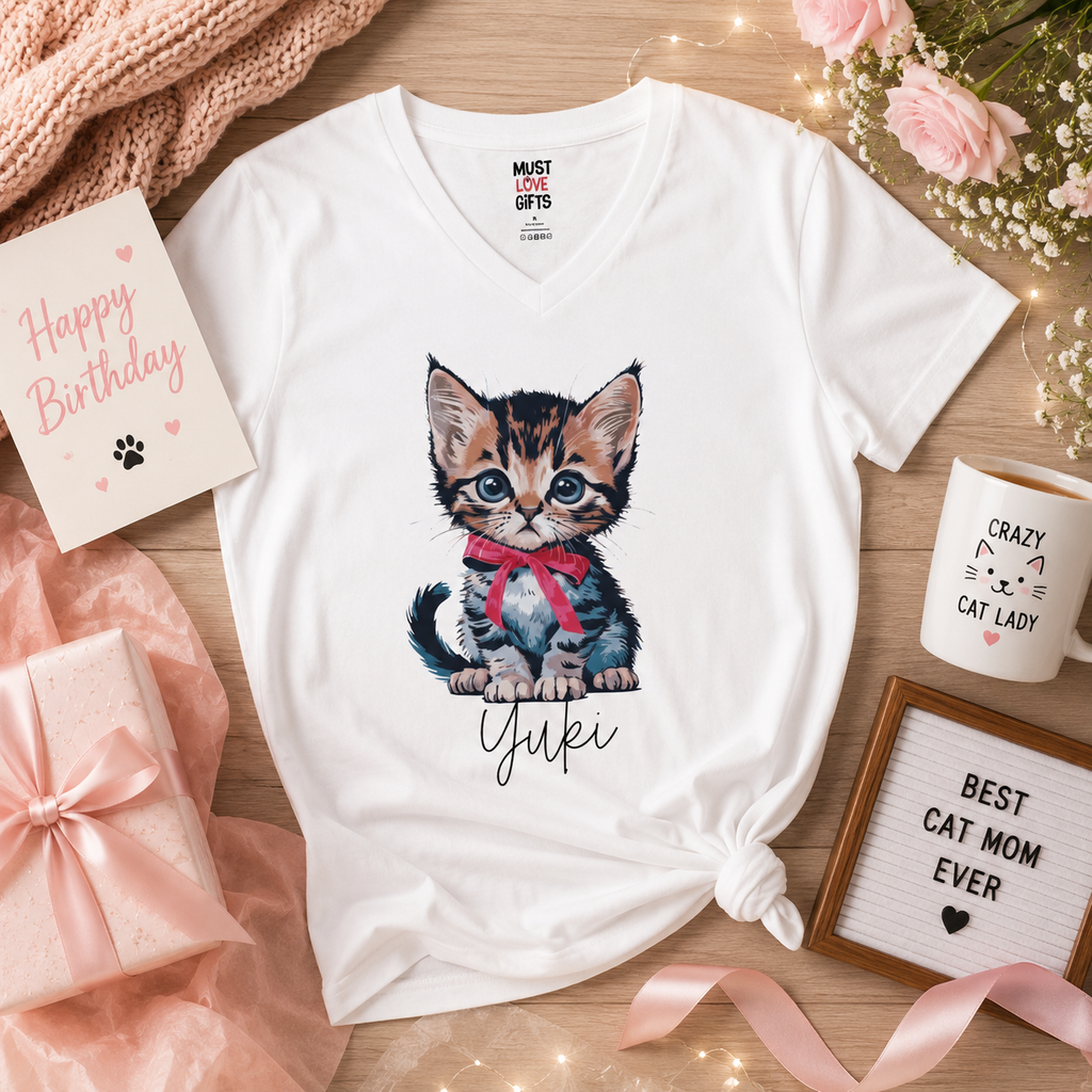 Kitten tee detail close-up - cute cat illustration with bow and script name below