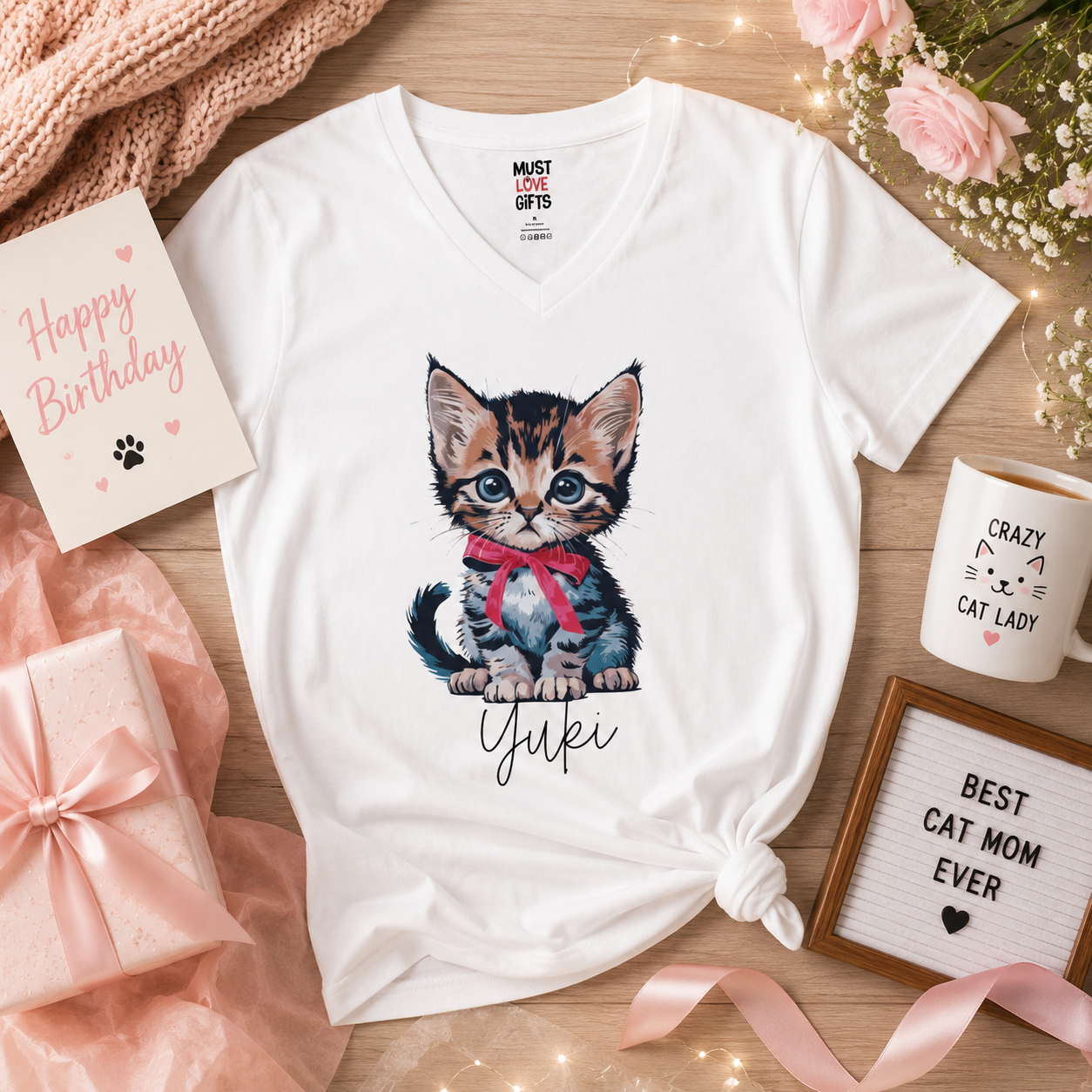 Kitten tee detail close-up - cute cat illustration with bow and script name below