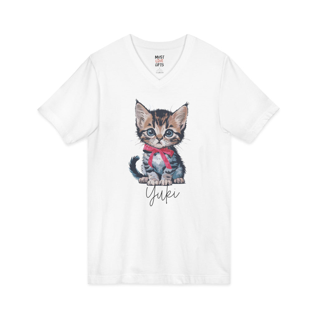 Personalized kitten portrait V-neck tee front view - illustrated cat with red bow and name