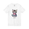 Personalized kitten portrait V-neck tee front view - illustrated cat with red bow and name