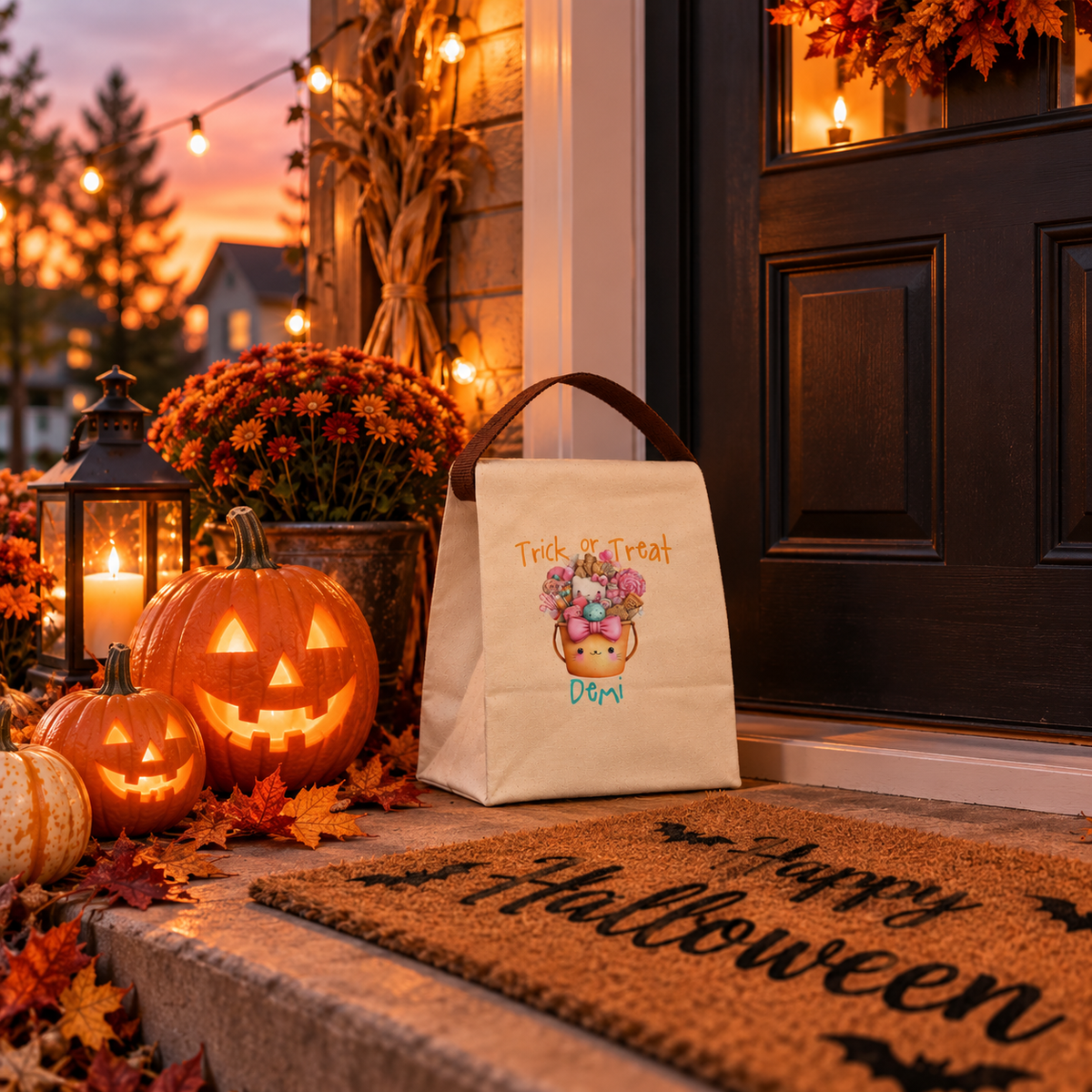 Back view of the trick or treat kitty candy bucket canvas lunch bag showing the brown strap handle