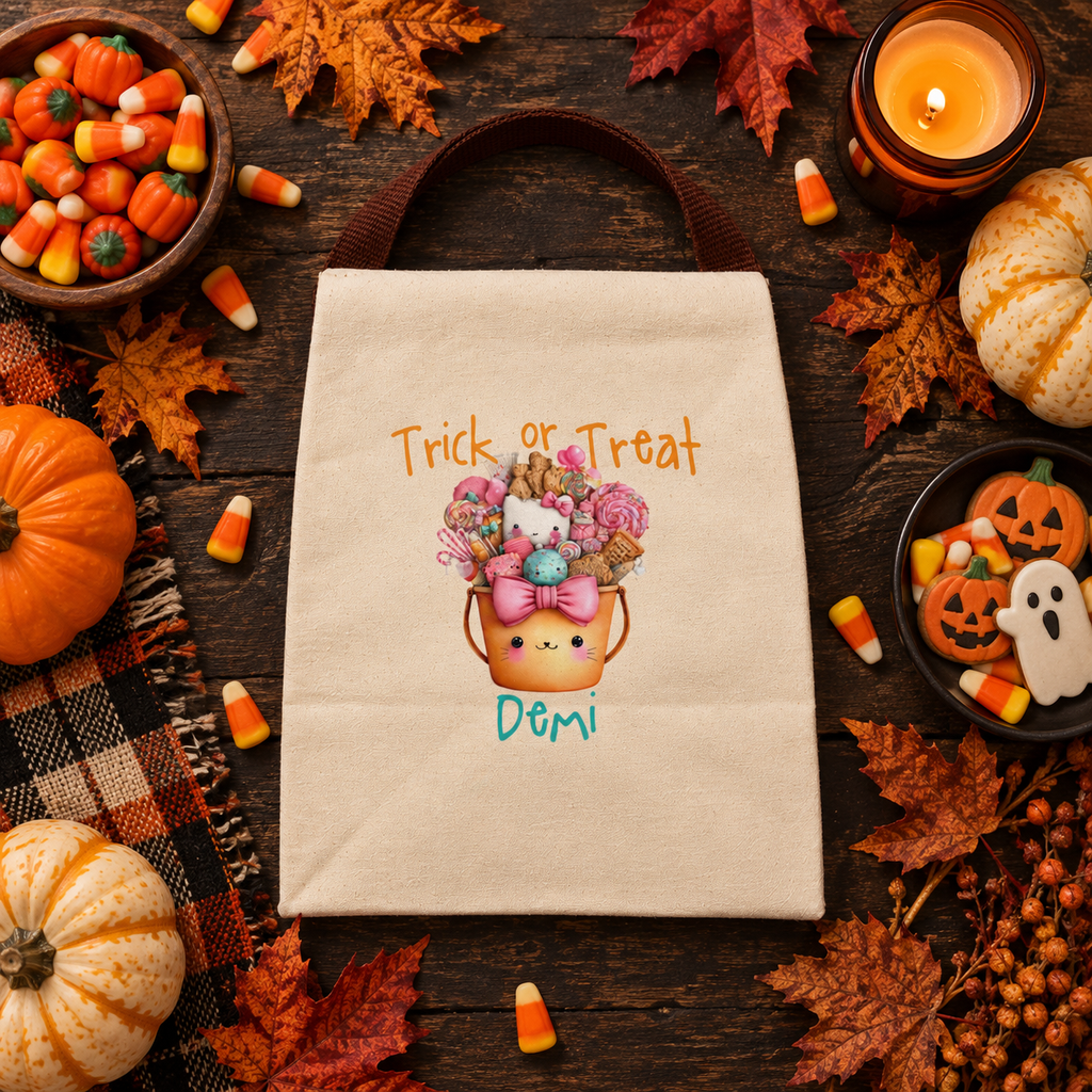 Trick or treat kitty candy bucket canvas lunch bag shown as a Halloween gift, personalized with custom name