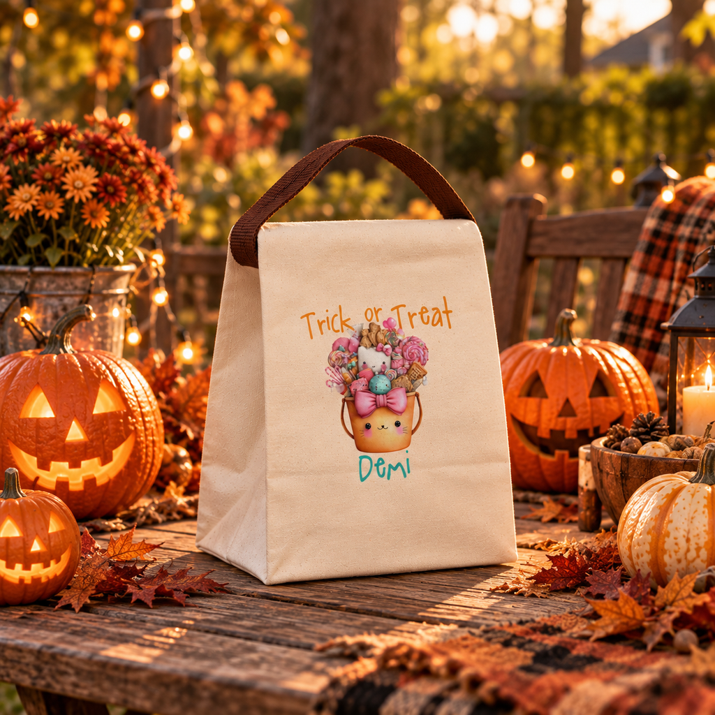 Open view of the trick or treat kitty candy bucket canvas lunch bag showing the roomy roll-top interior