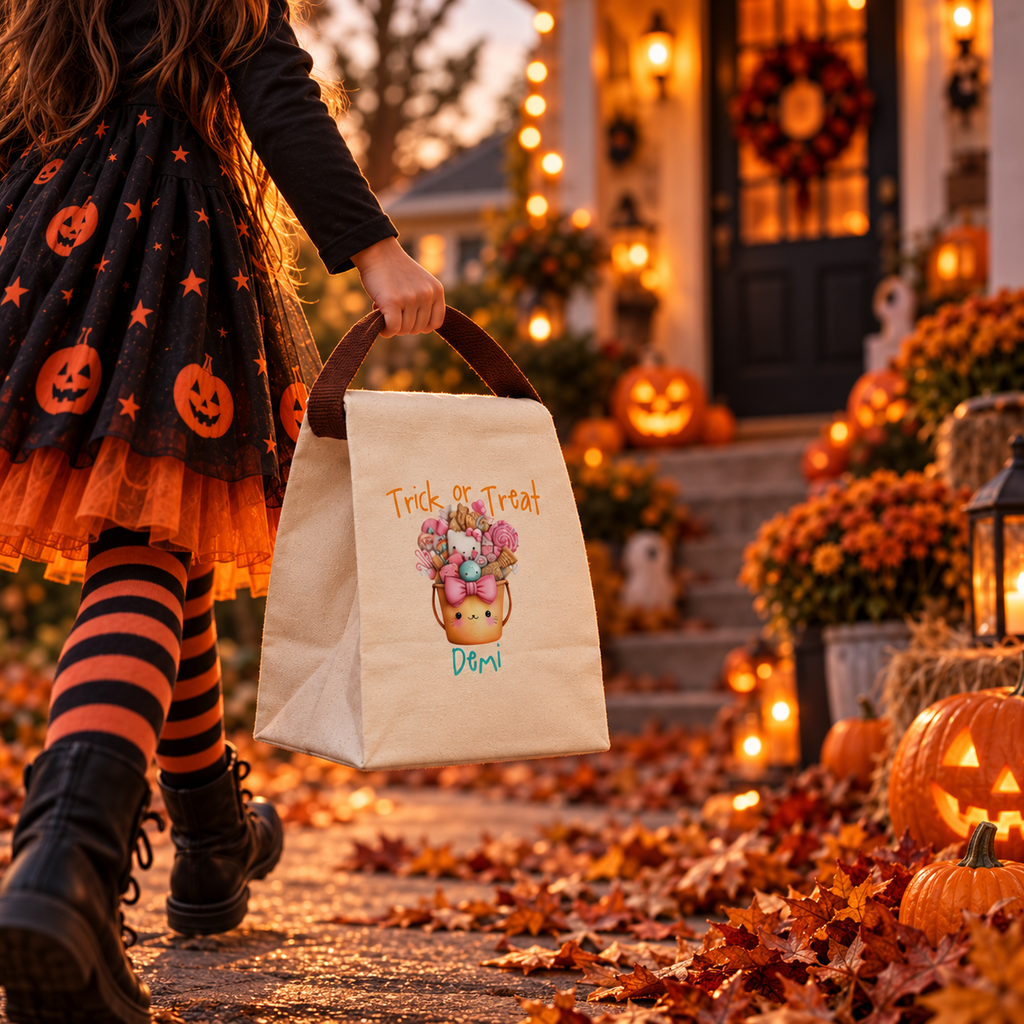 Trick or treat kitty candy bucket canvas lunch bag styled for a fall lunch, personalized with custom name