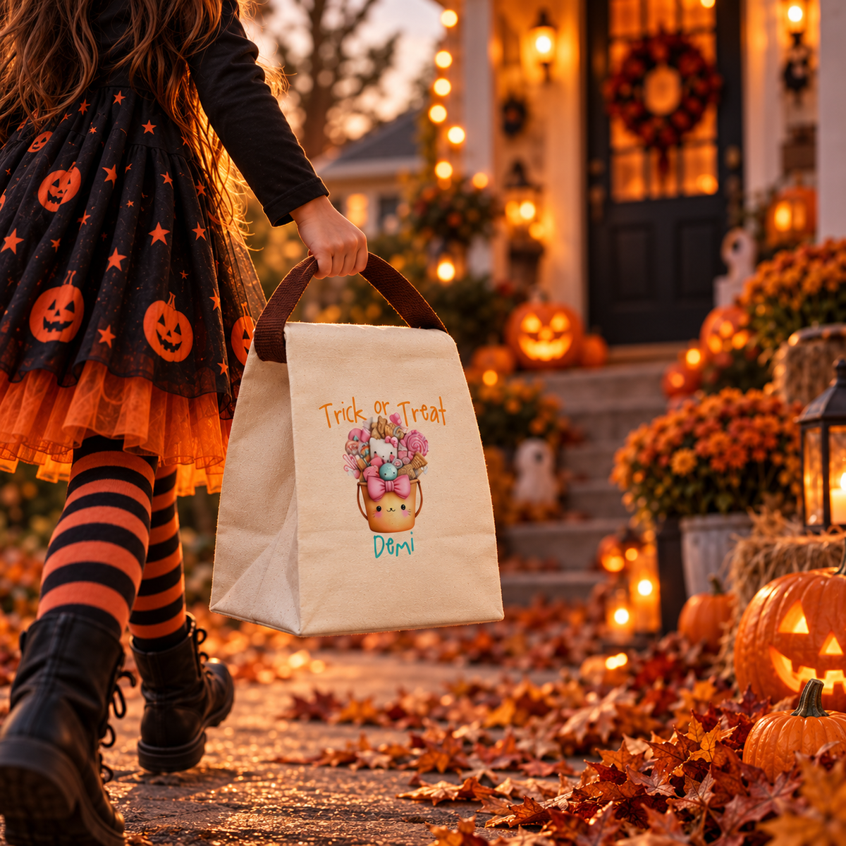 Trick or treat kitty candy bucket canvas lunch bag styled for a fall lunch, personalized with custom name