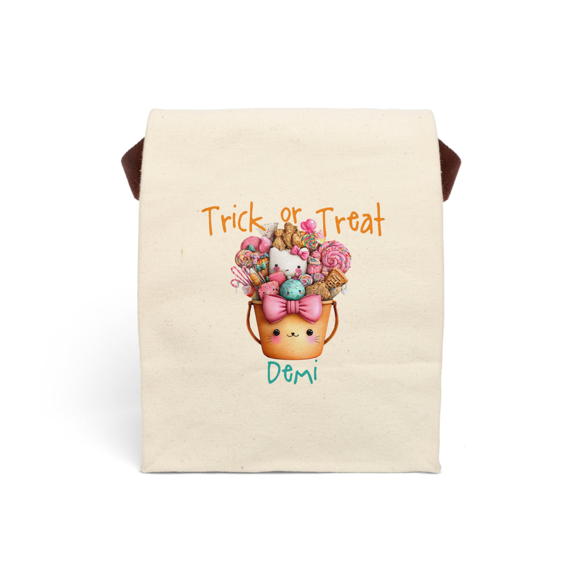 Personalized Trick or Treat kitty candy bucket canvas lunch bag with custom name