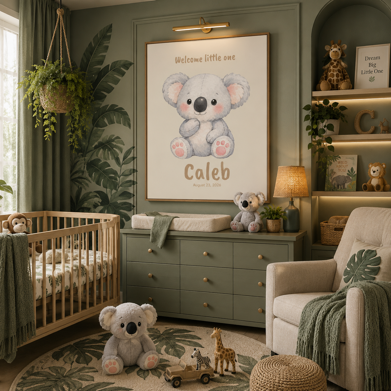 Close-up of koala poster showing personalized name and birth date