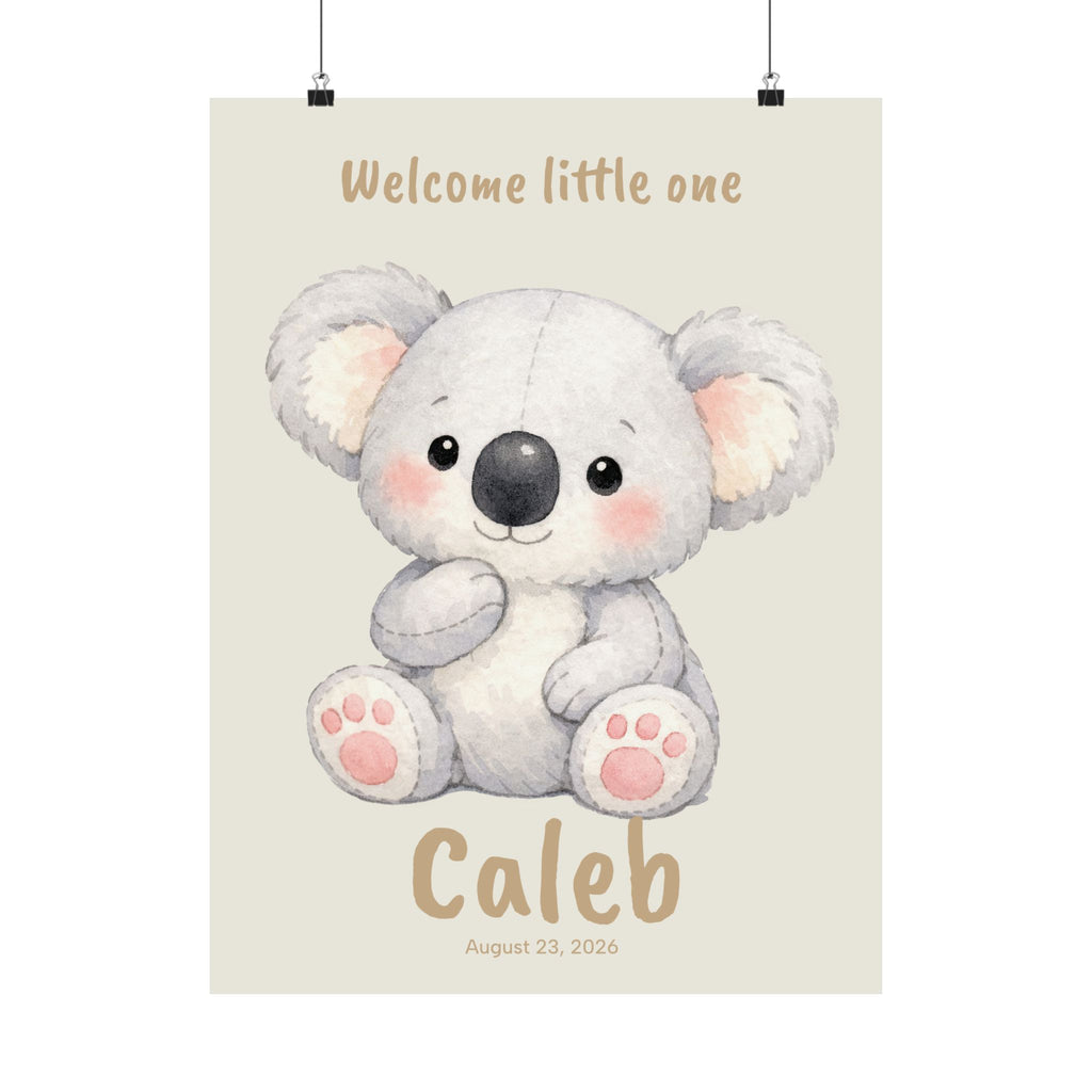 Personalized koala nursery poster with custom baby name and birth date