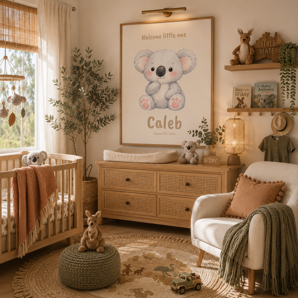 Soft grey koala baby name poster in nursery room