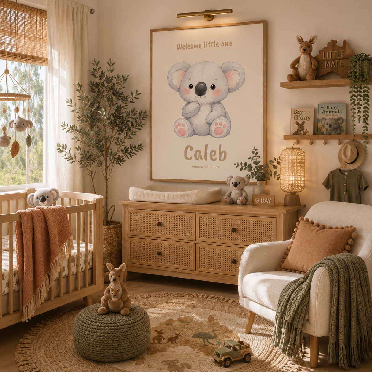 Soft grey koala baby name poster in nursery room