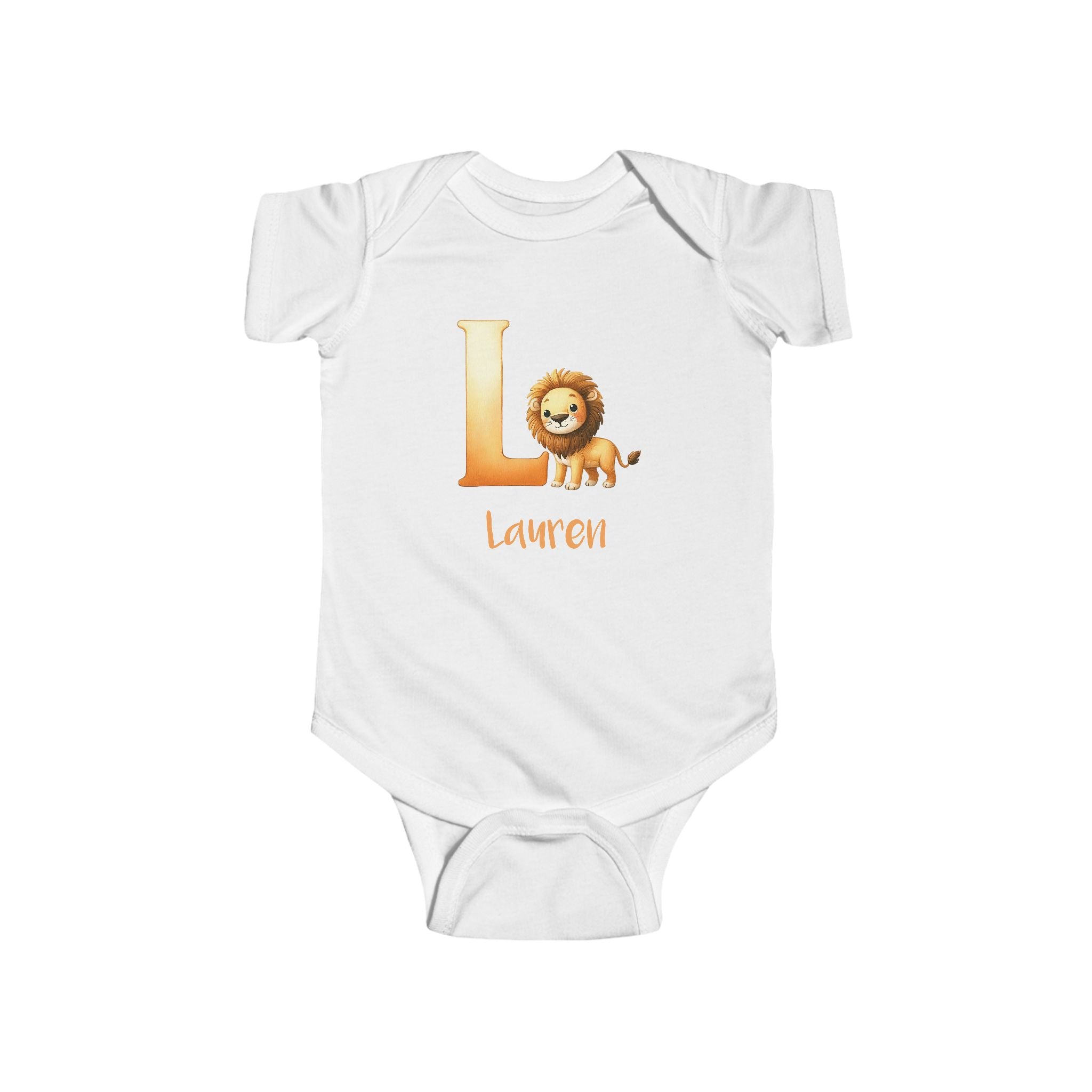 Personalized L baby bodysuit with lion – white cotton onesie with custom name