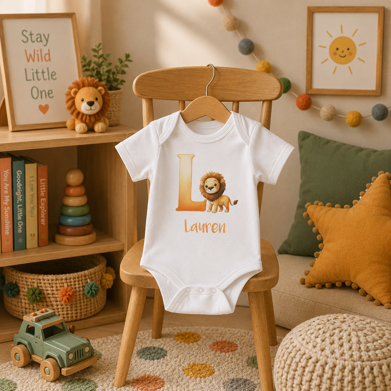 Initial L bodysuit with lion and name in script – flat lay