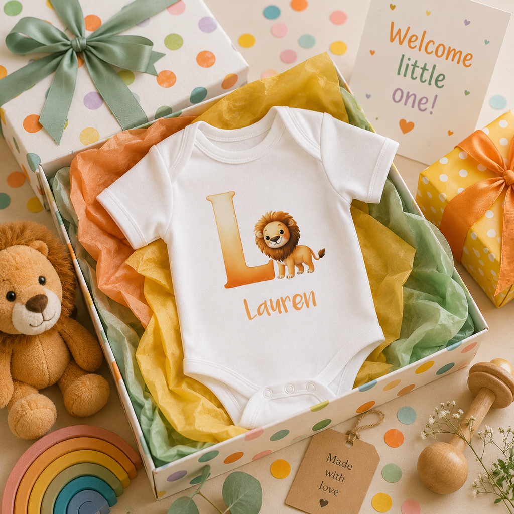 Close-up of L initial and lion on baby bodysuit
