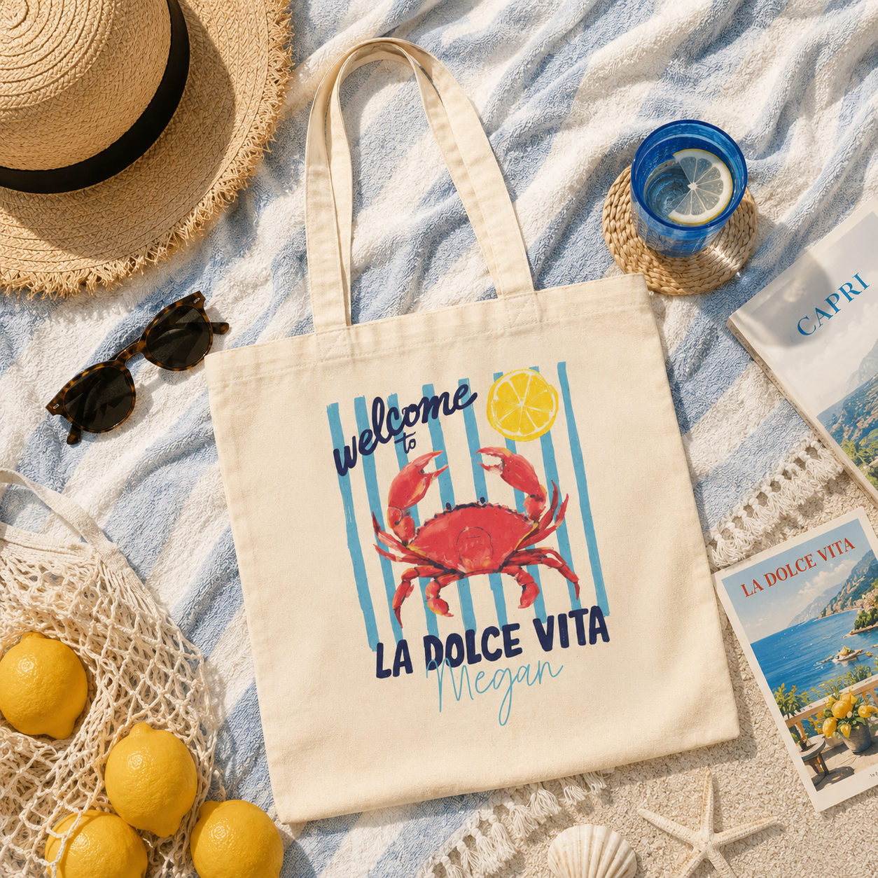 Personalized La Dolce Vita crab tote bag shown worn on shoulder, lifestyle photo