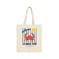 Personalized La Dolce Vita crab canvas tote bag with custom name, blue stripe design