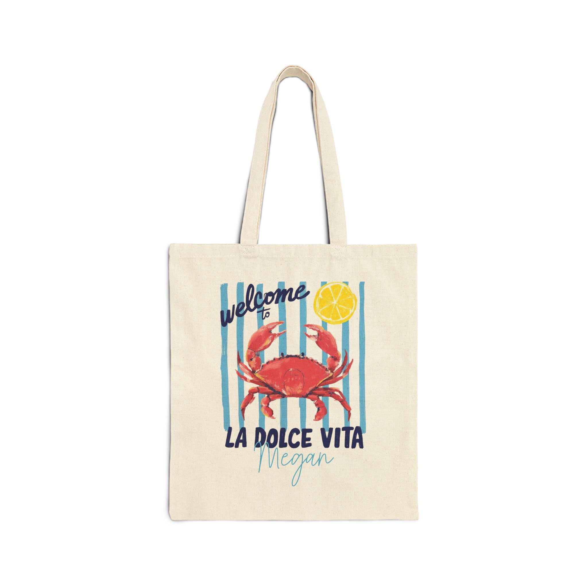 Personalized La Dolce Vita crab canvas tote bag with custom name, blue stripe design