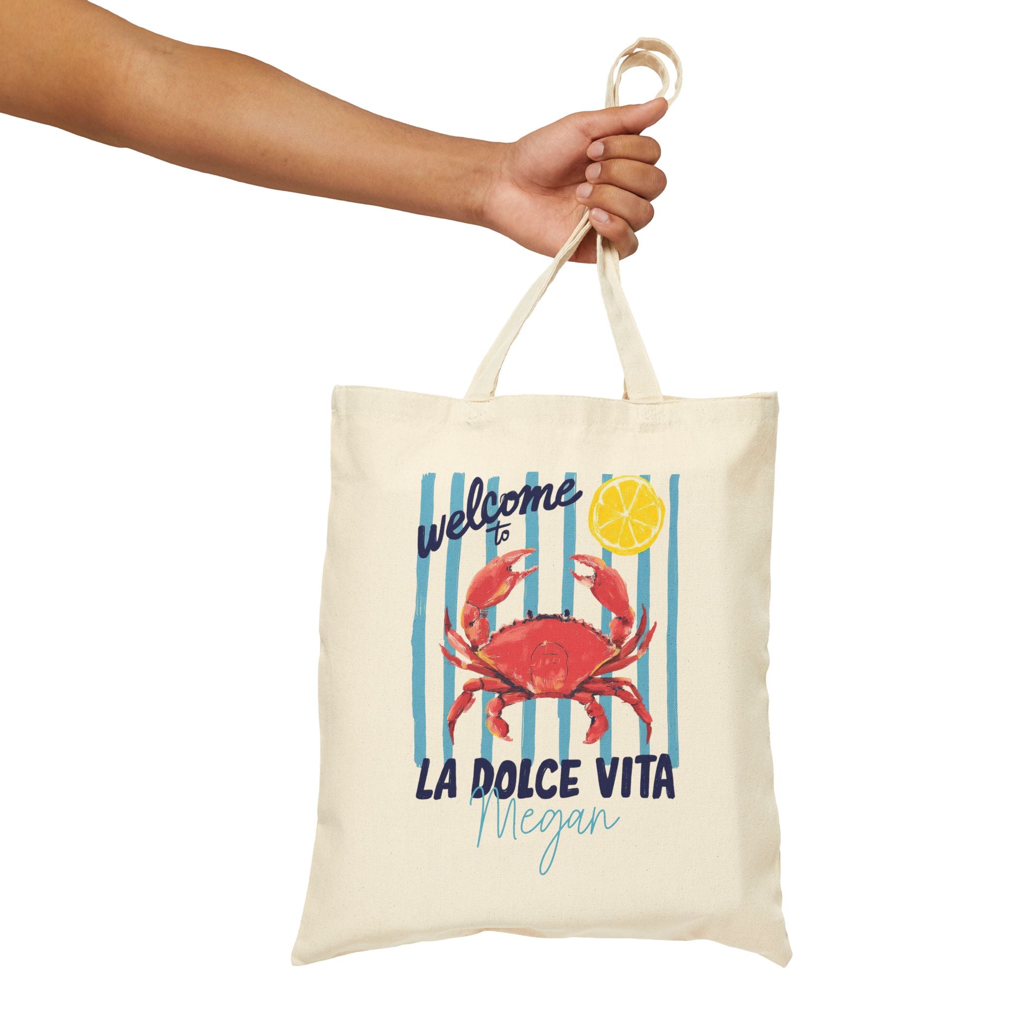 Personalized La Dolce Vita crab canvas tote bag size and dimensions reference
