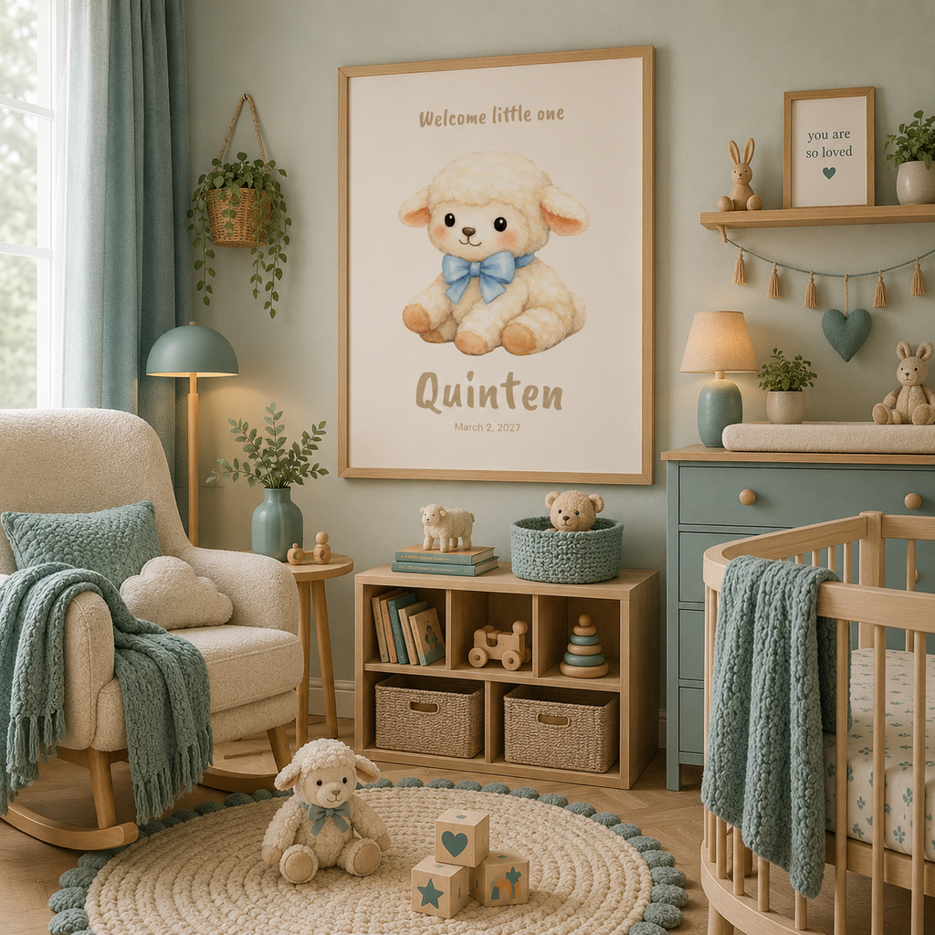 Close-up of lamb nursery poster showing personalized name and birth date