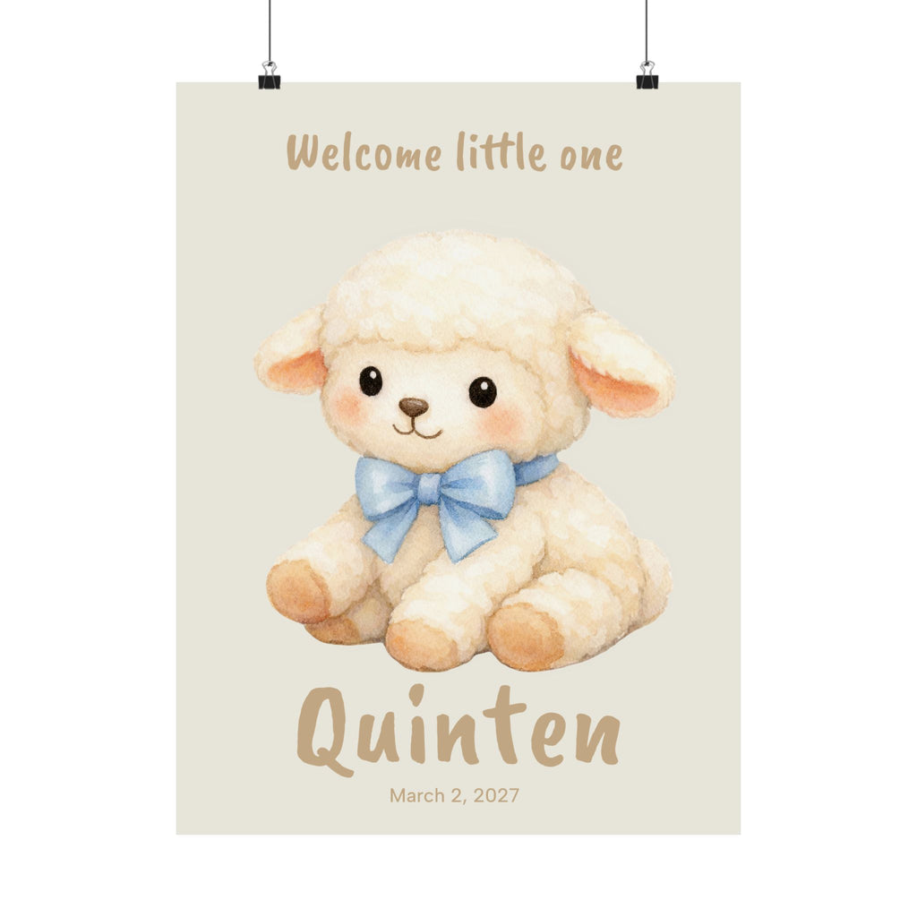 Personalized fluffy lamb with blue bow nursery poster, custom baby name and birth date