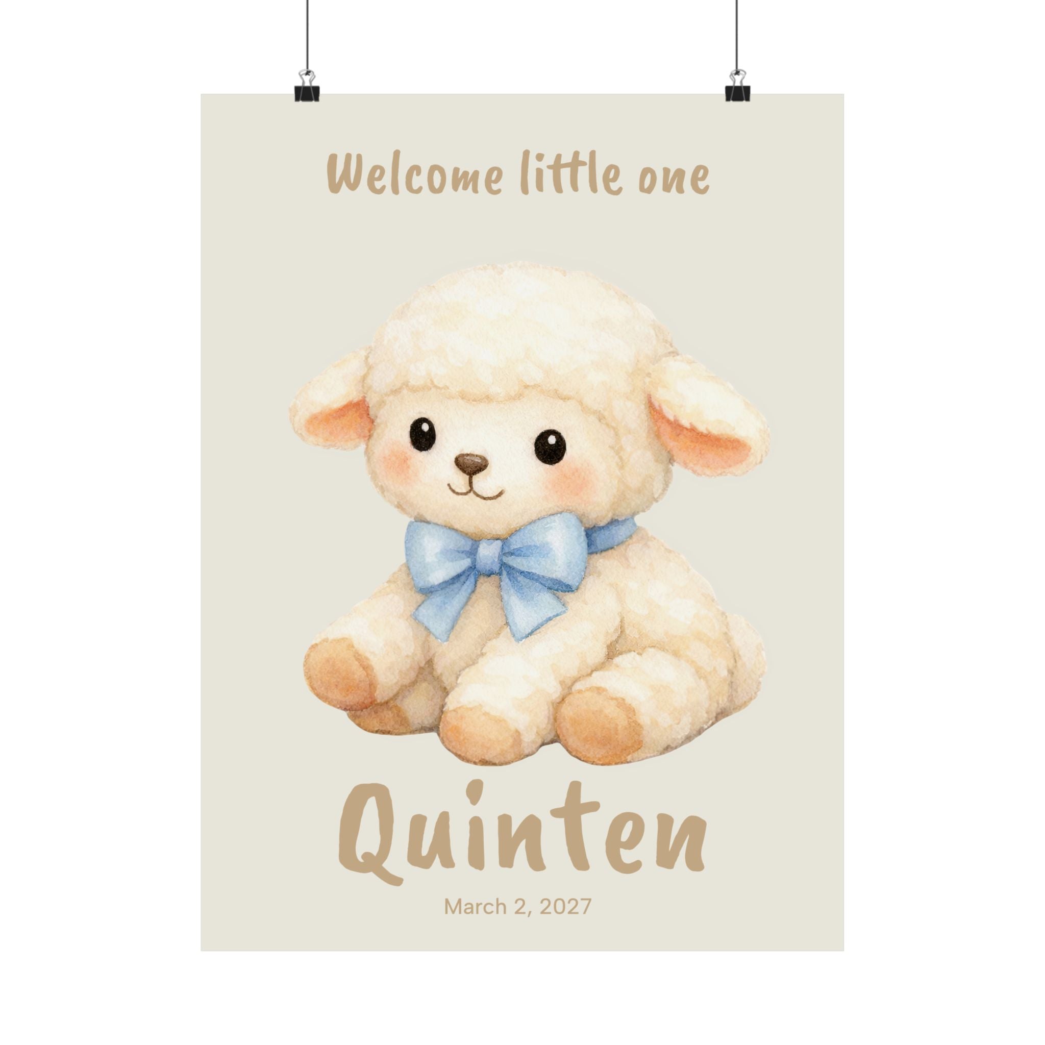 Personalized fluffy lamb with blue bow nursery poster, custom baby name and birth date