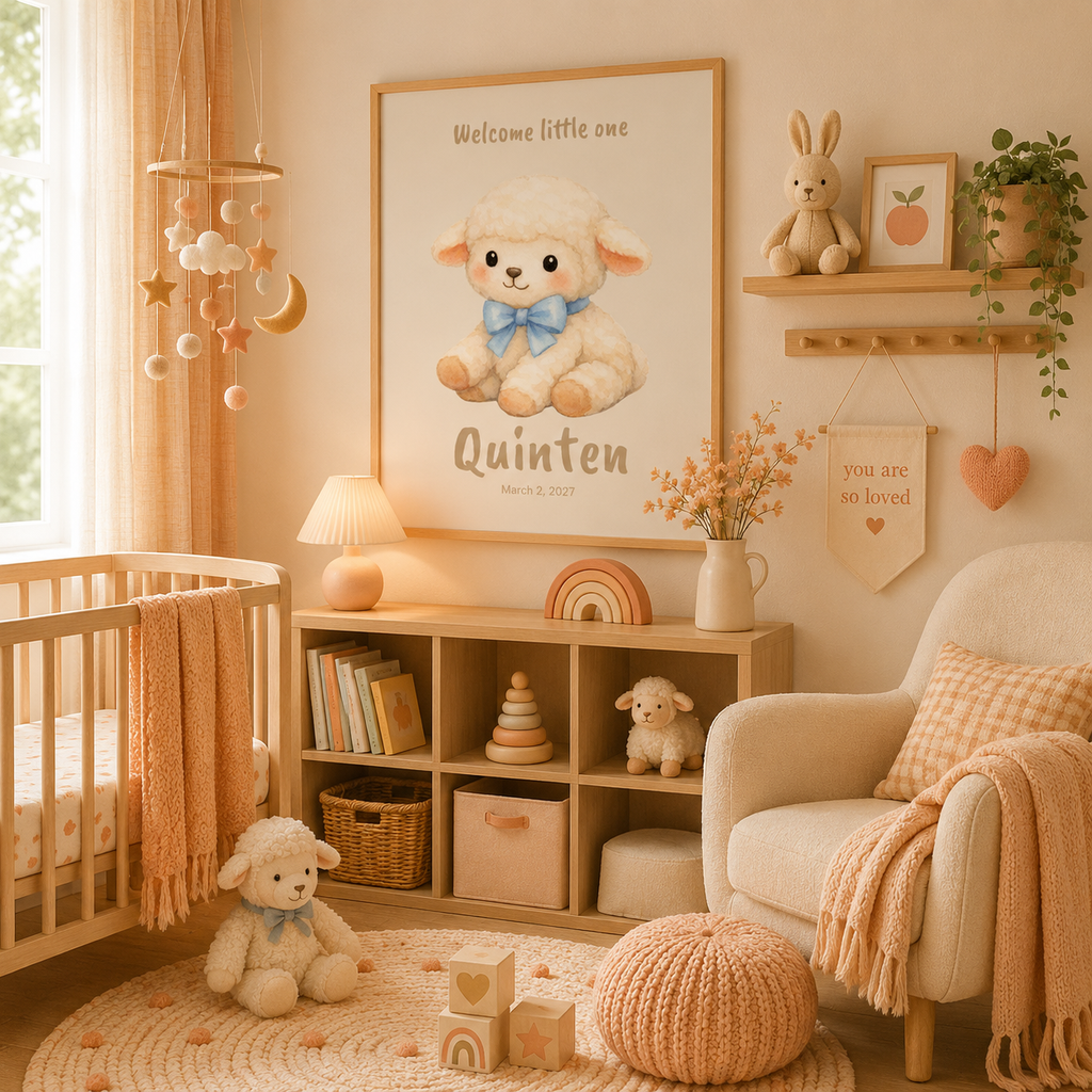 Cream lamb with bow baby name poster displayed in nursery room