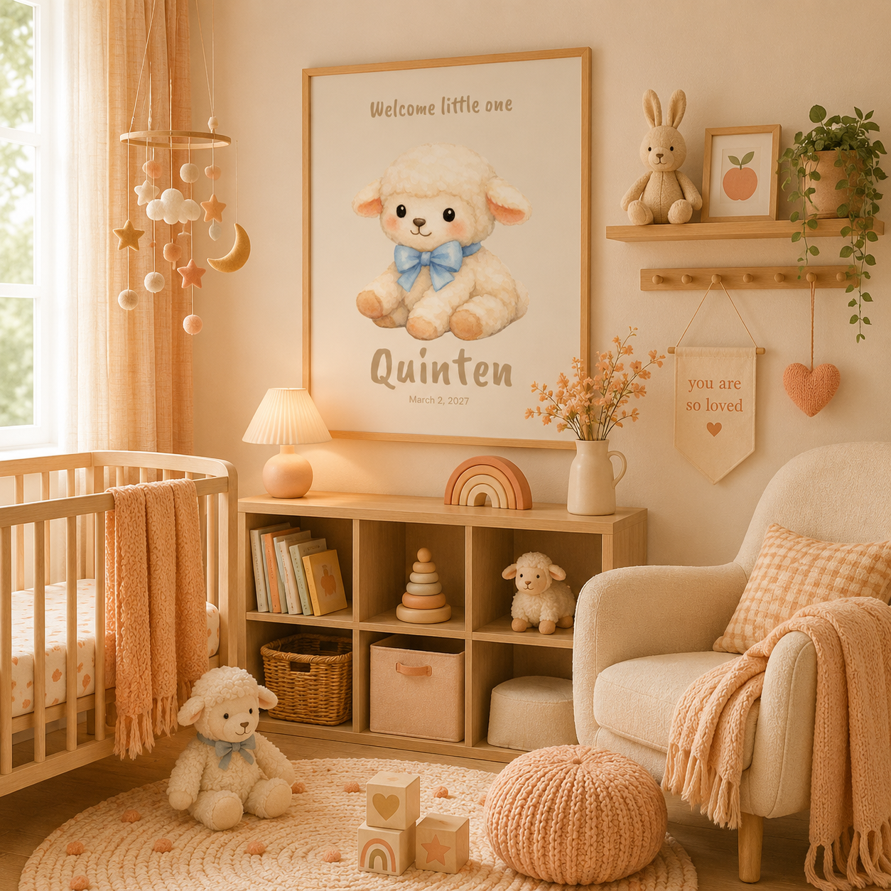 Cream lamb with bow baby name poster displayed in nursery room