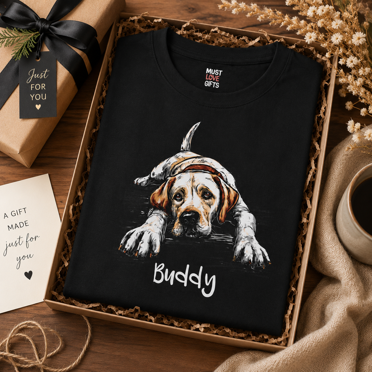 Black dog lover t-shirt with lying Labrador illustration – lifestyle flat lay