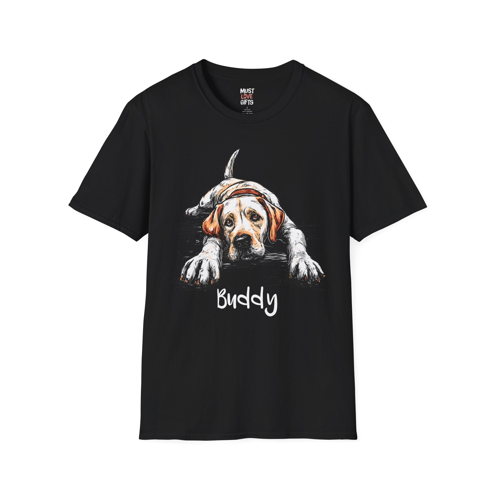 Personalized Lazy Lab dog t-shirt – black crewneck with Labrador illustration and custom name