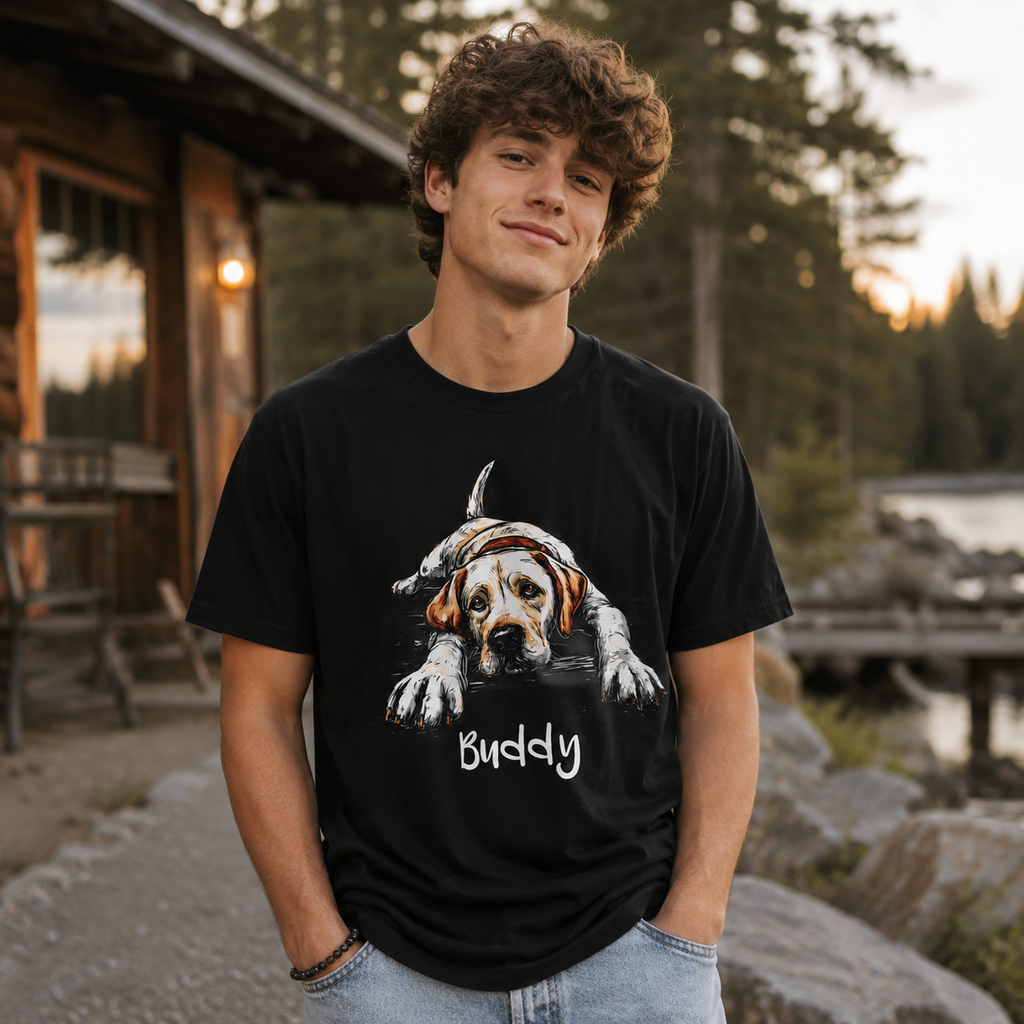 Lazy Lab dog tee – close-up of distressed Labrador print with name Buddy