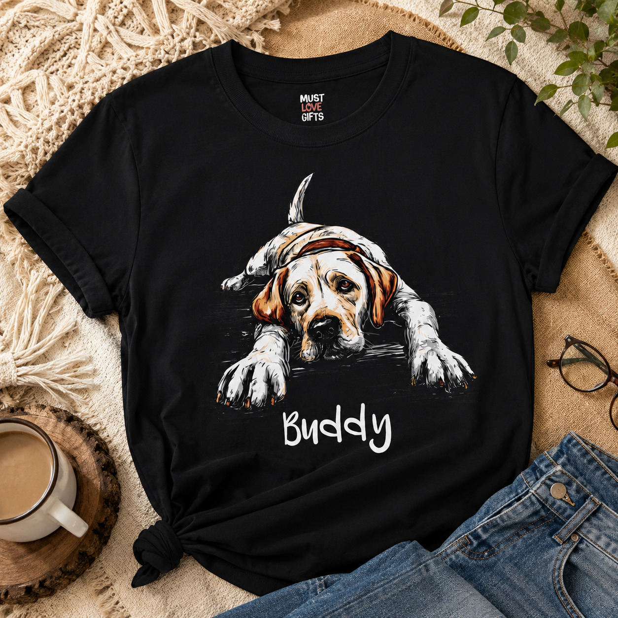 Personalized Lab dog tee worn – side view showing fit and print placement