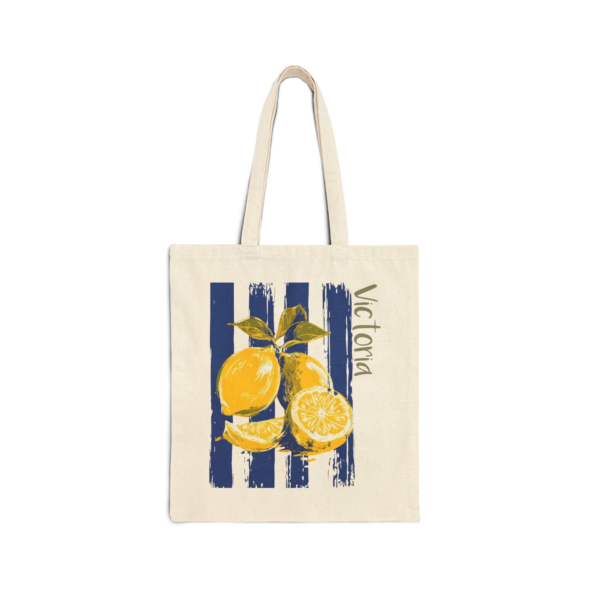 Personalized lemon branch canvas tote bag with custom name, blue stripe background