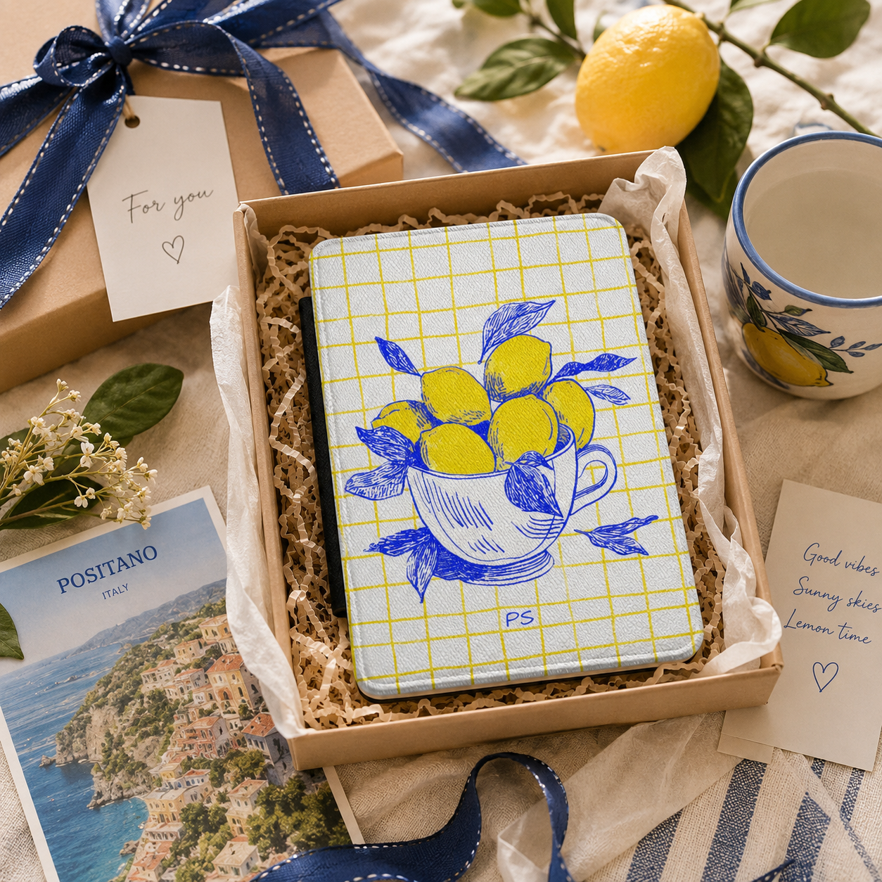 Personalized lemon kindle case styled as a wrapped gift