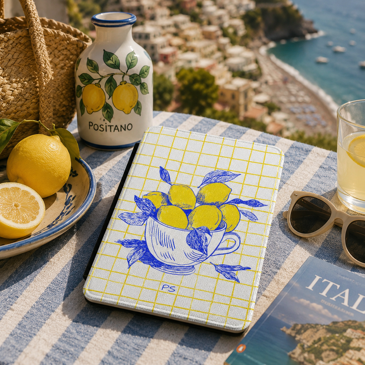 Personalized lemon kindle case shown in a lifestyle setting