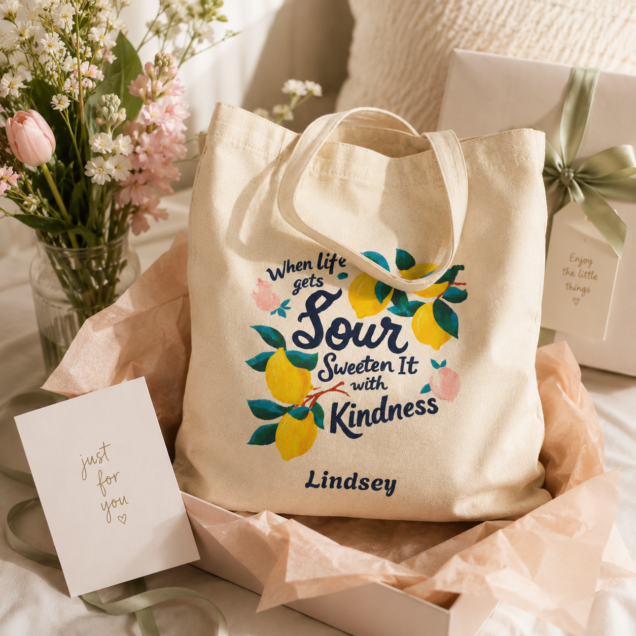Close-up of lemon quote print and custom name on canvas tote bag
