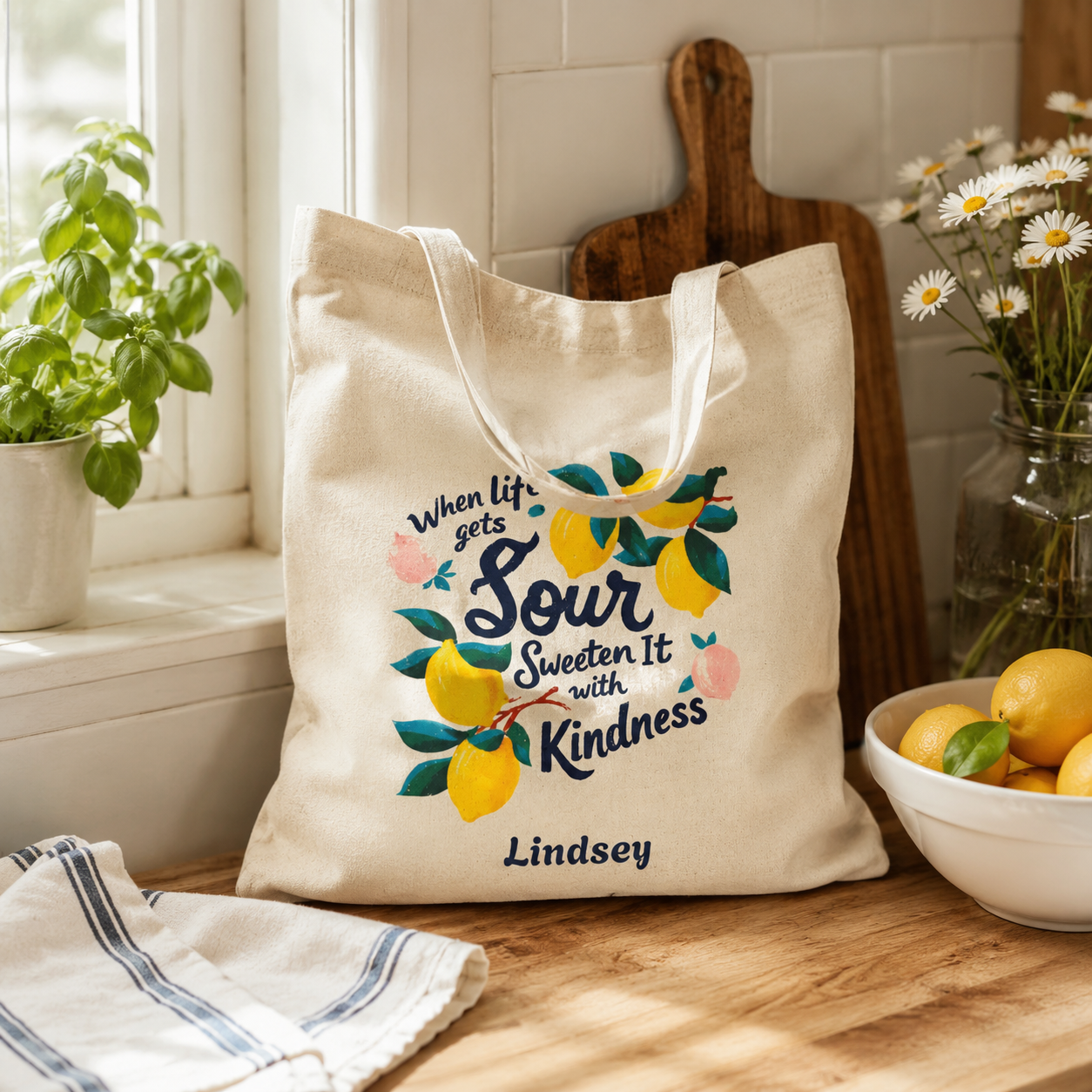 Personalized lemon quote canvas tote bag styled in a home setting