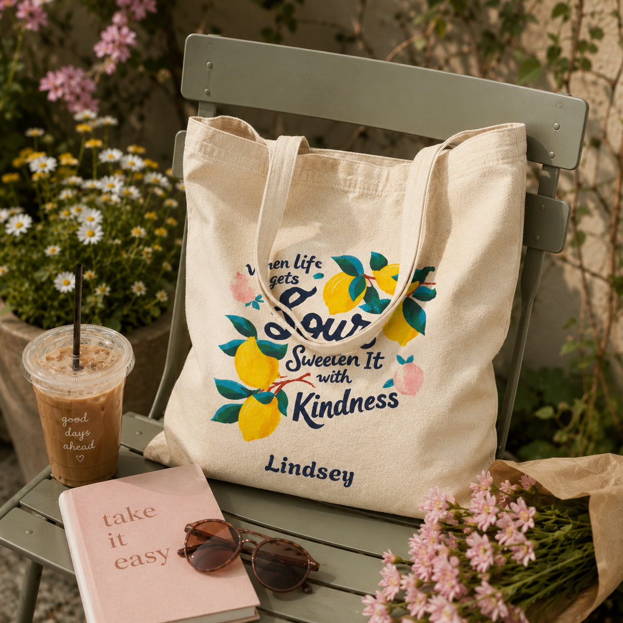 Personalized lemon quote tote bag shown worn on shoulder, lifestyle photo