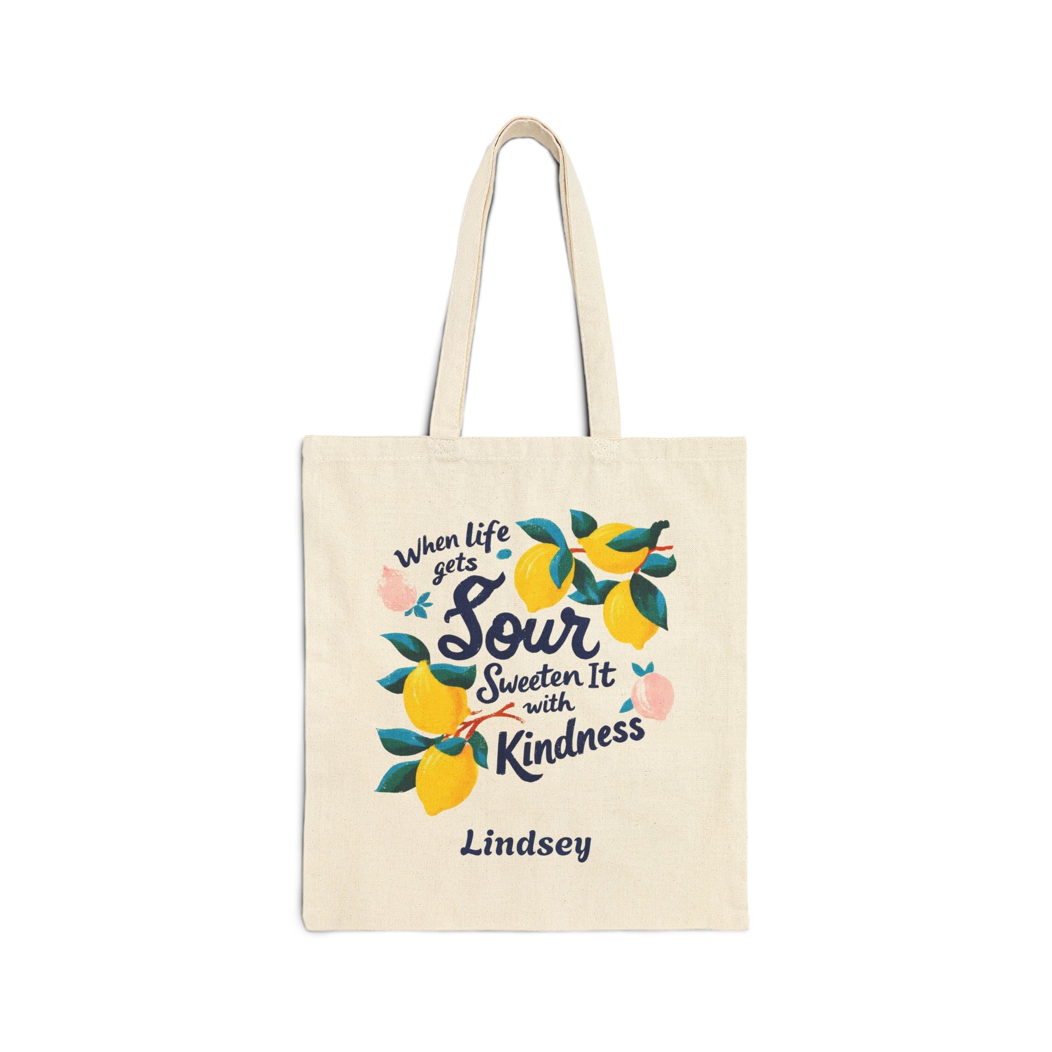Personalized lemon quote canvas tote bag, when life gets sour sweeten it with kindness, with custom name