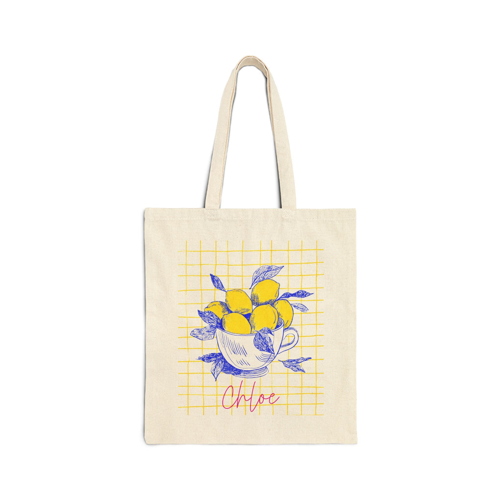Personalized lemon sketch teacup canvas tote bag with custom name, yellow grid design