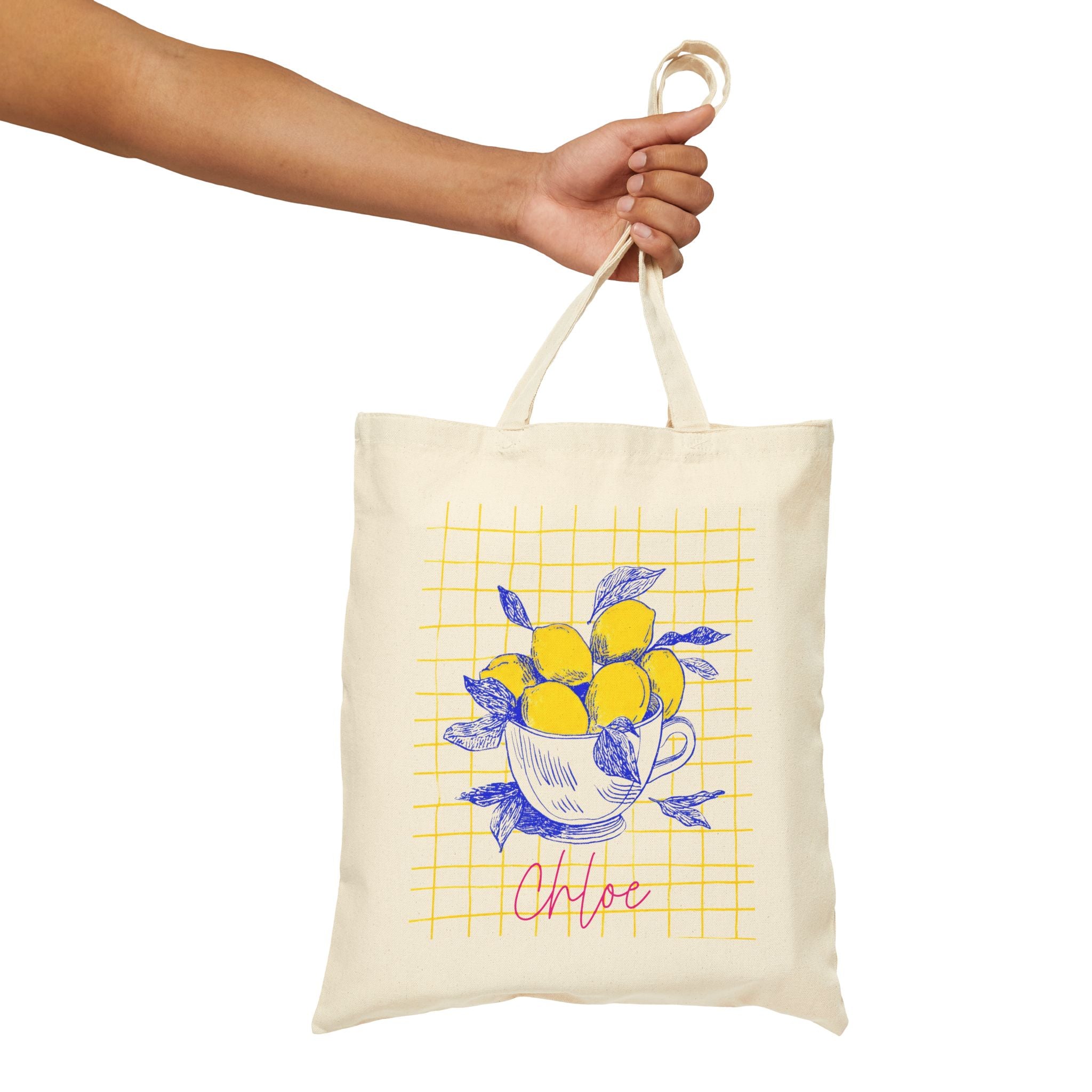 Personalized lemon sketch canvas tote bag size and dimensions reference