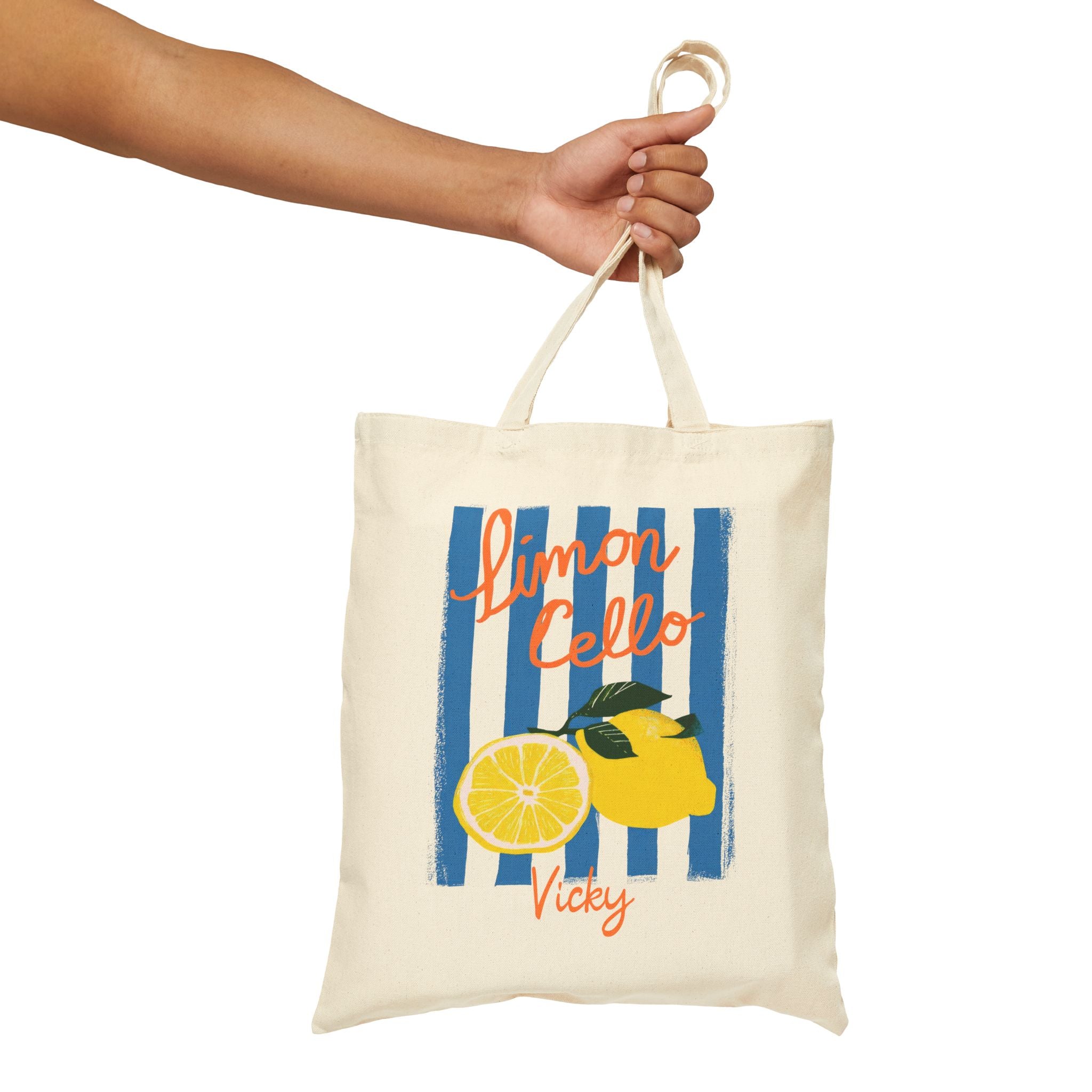 Personalized lemon canvas tote bag styled in a home setting