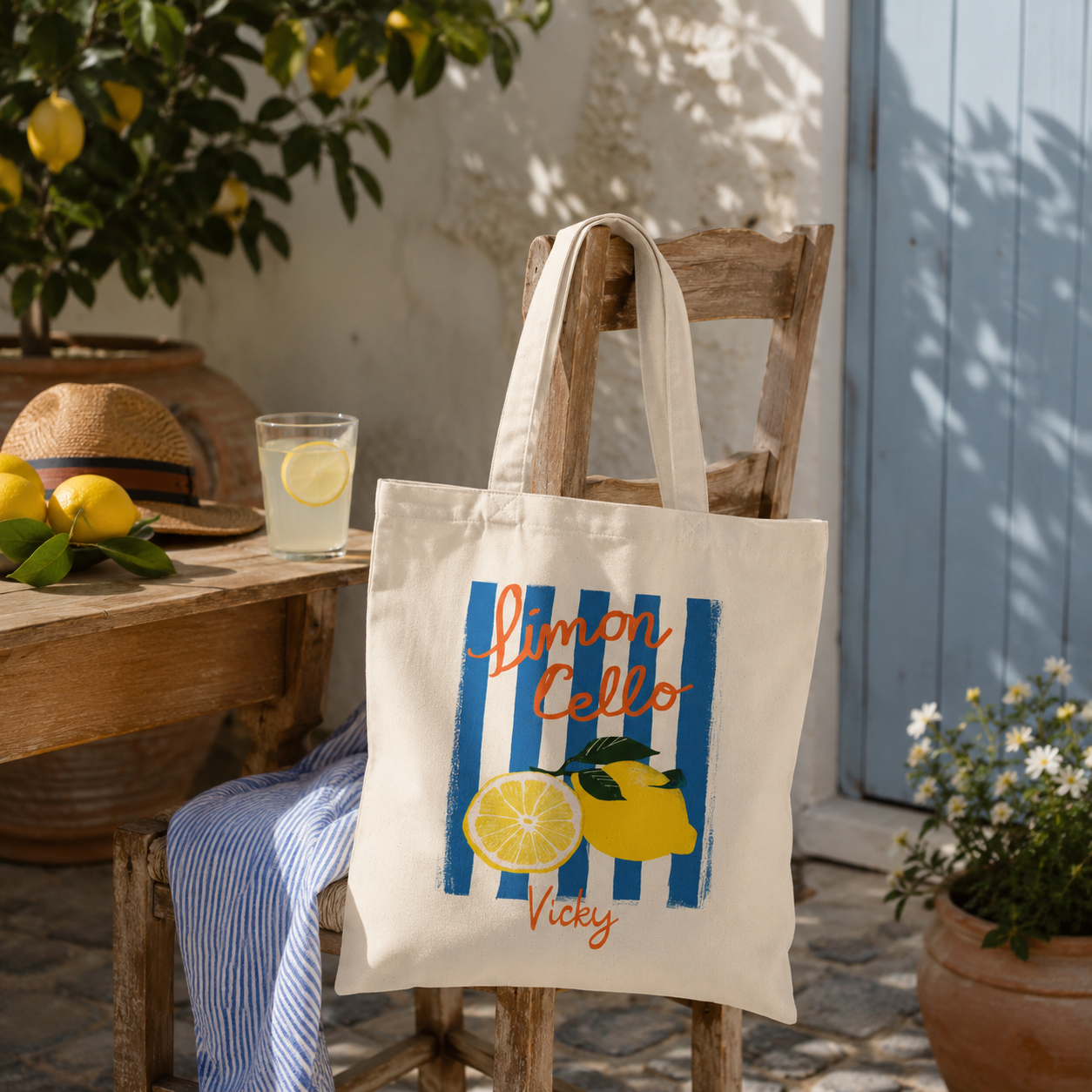 Personalized lemon tote bag shown worn on shoulder, lifestyle photo