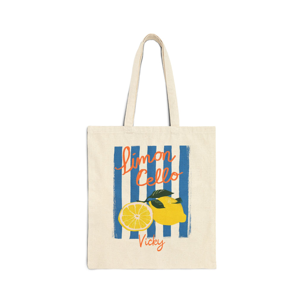 Personalized lemon canvas tote bag with custom name in script, blue stripe lemon print design