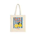 Personalized lemon canvas tote bag with custom name in script, blue stripe lemon print design