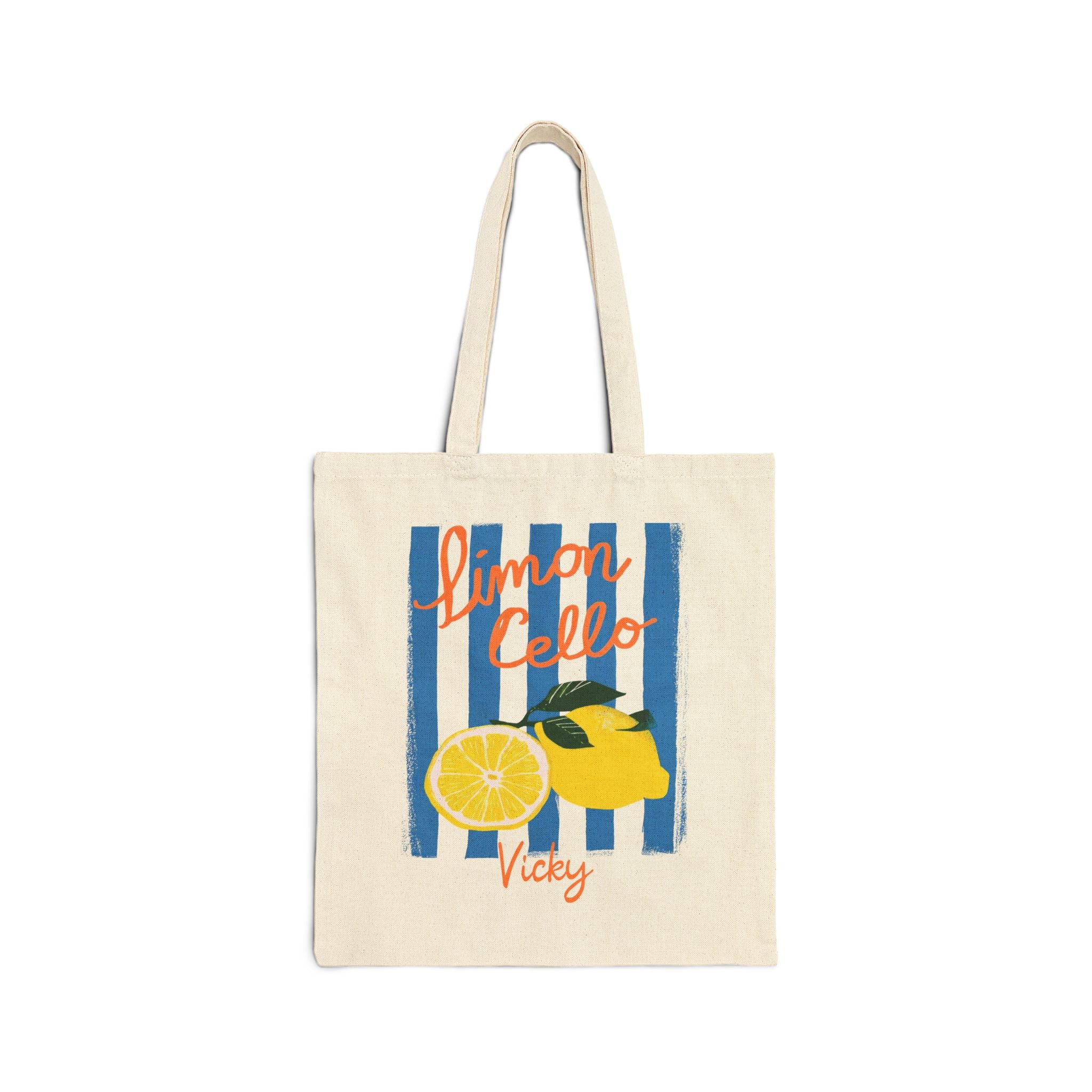 Personalized lemon canvas tote bag with custom name in script, blue stripe lemon print design